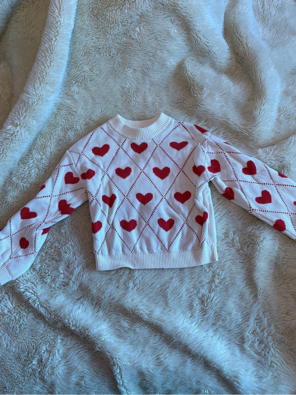 Girl’s White Knit Heart Pattern Sweater - Red Hearts